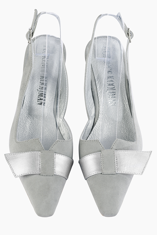 Pearl grey women's open back shoes, with a knot. Tapered toe. Medium spool heels. Top view - Florence KOOIJMAN